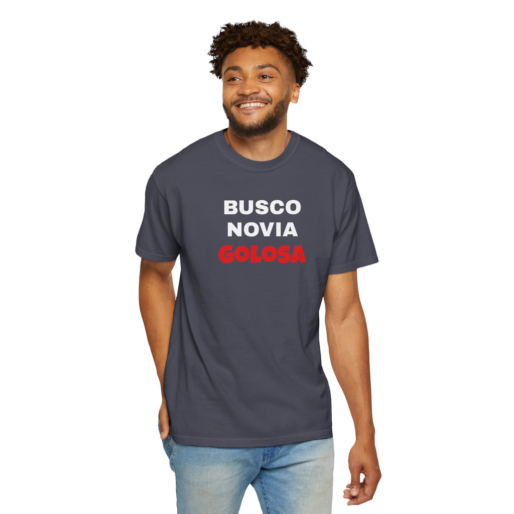 Retro style T shirt,Funny Latin Shirt — Humorous Latin Phrase Tee,Mexican Humor Tee. ' Busco Novia Golosa'