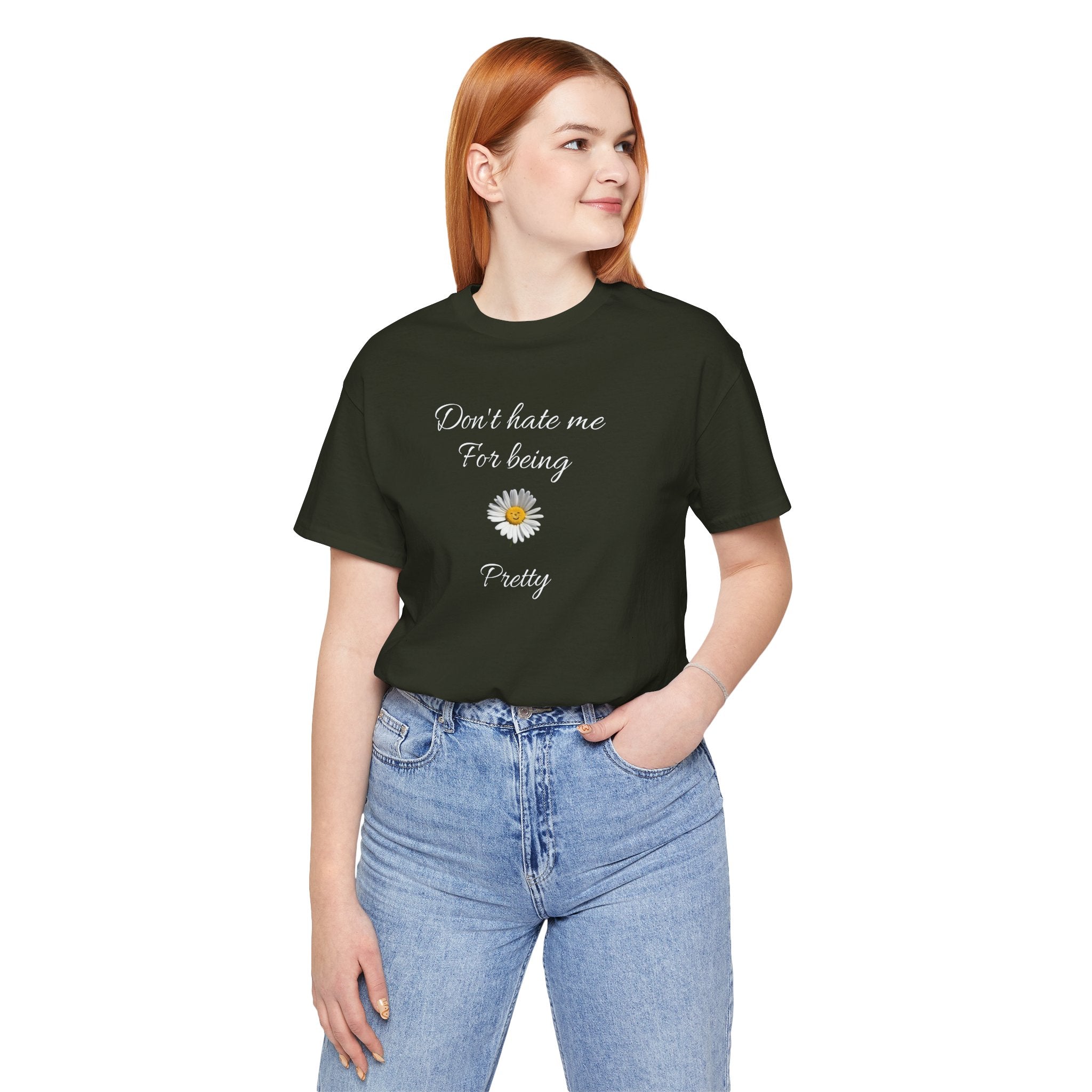 Alados-Cute Design Tee,Daisy Heart Chest Tee,Minimal Floral Graphic T‑Shirt,Birthday Gift for Women. 'Don't hate me for being pretty'