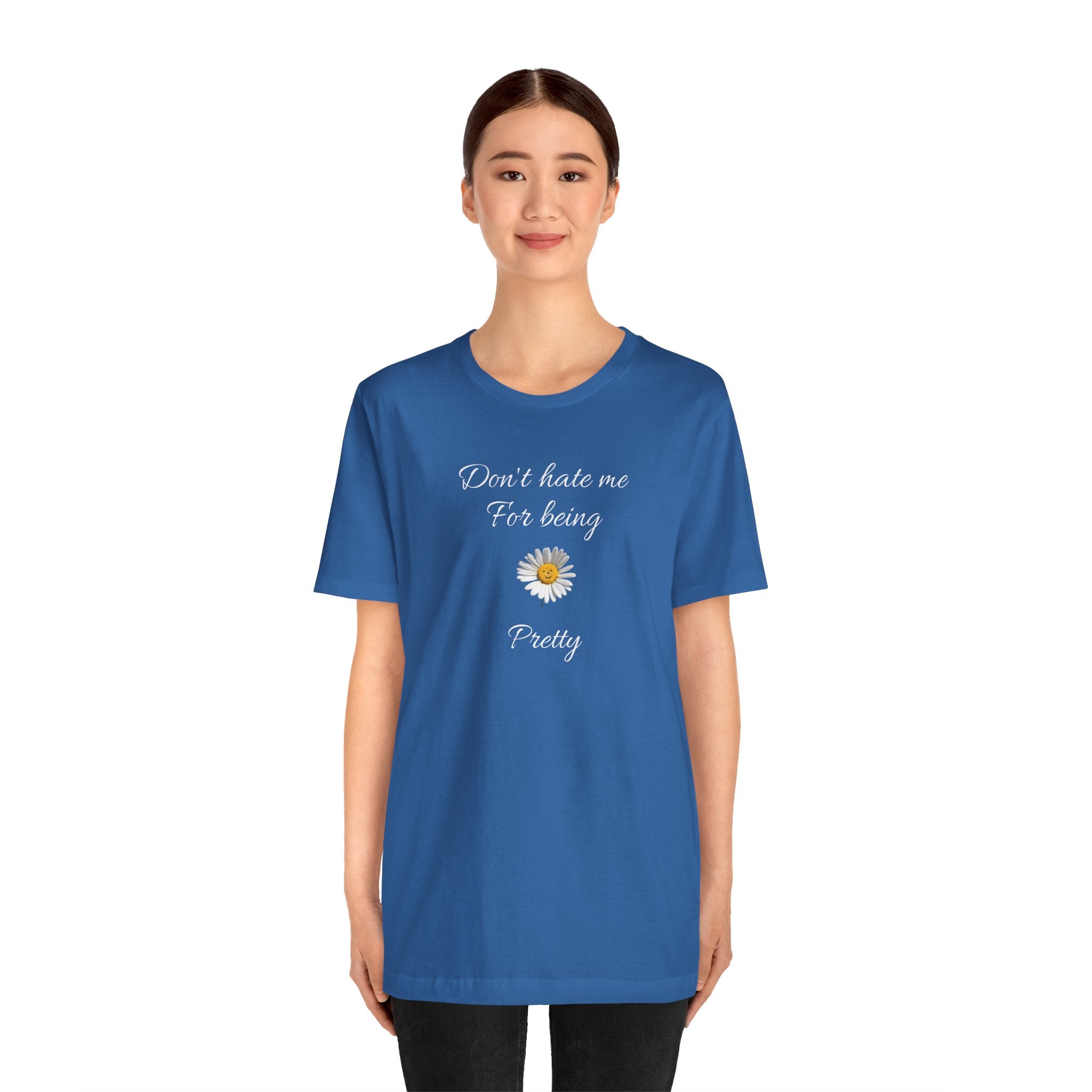 Alados-Cute Design Tee,Daisy Heart Chest Tee,Minimal Floral Graphic T‑Shirt,Birthday Gift for Women. 'Don't hate me for being pretty'